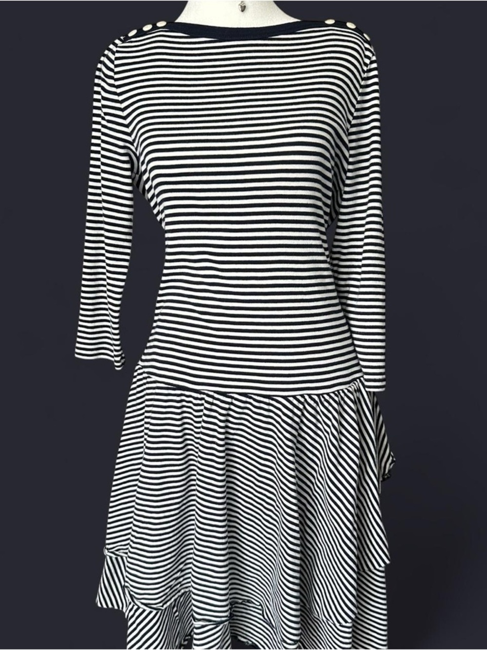 Ralph Lauren Black and White Striped Long-Sleeve Drop Waist Dress